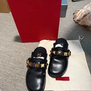 Valentino Black Leather Roman Stud Buckle Detail Flat Mules
